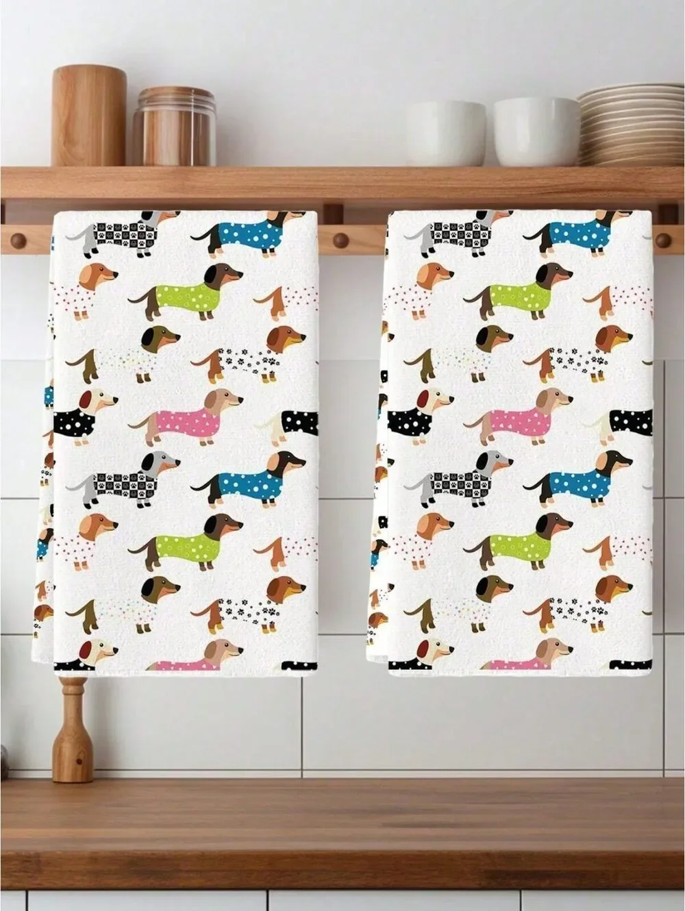 2 Cute Dachshund Dog Patterned Kitchen Towels